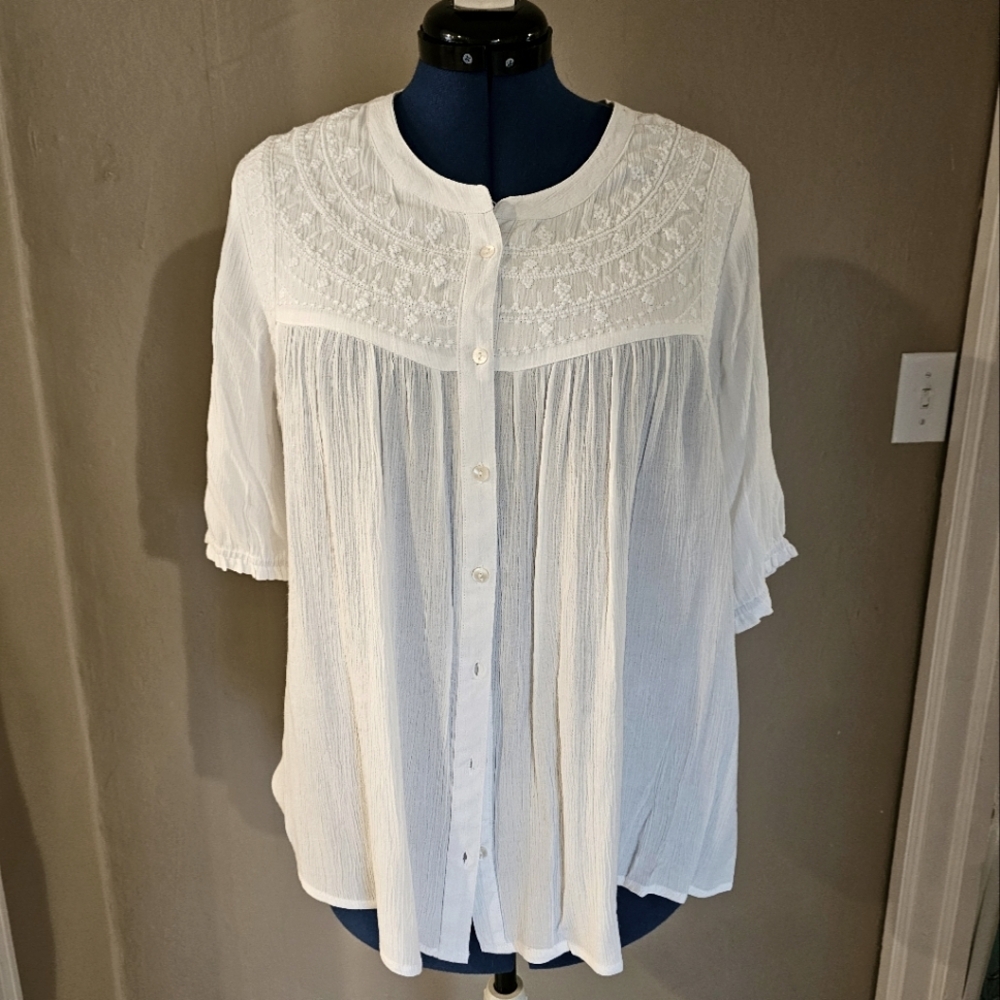 White Embroidered Gauze Boho Peasant Blouse Top-Medium NWOT